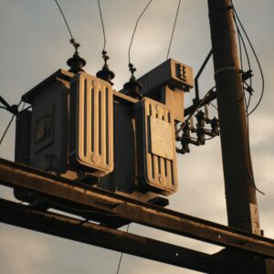 Photo by Mario Amé Close-up of an electrical transformer on a utility pole against a sunset sky.