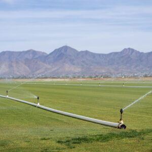 Photo by Mark Stebnicki Wide view of a green field being irrigated, with mountains in the background under a clear sky.